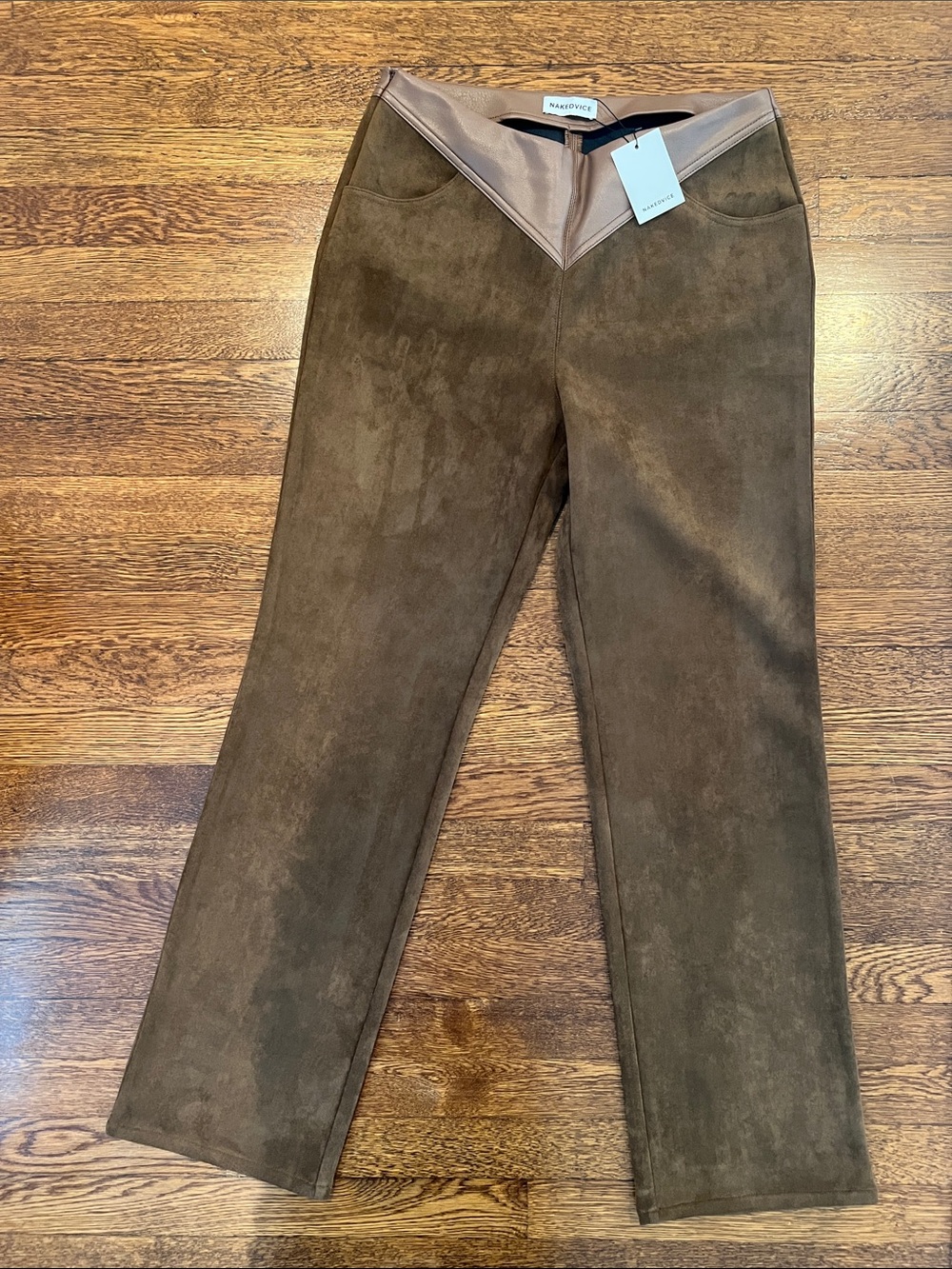 Nakeddevice Brown Faux Suede Trousers with Tan Trim